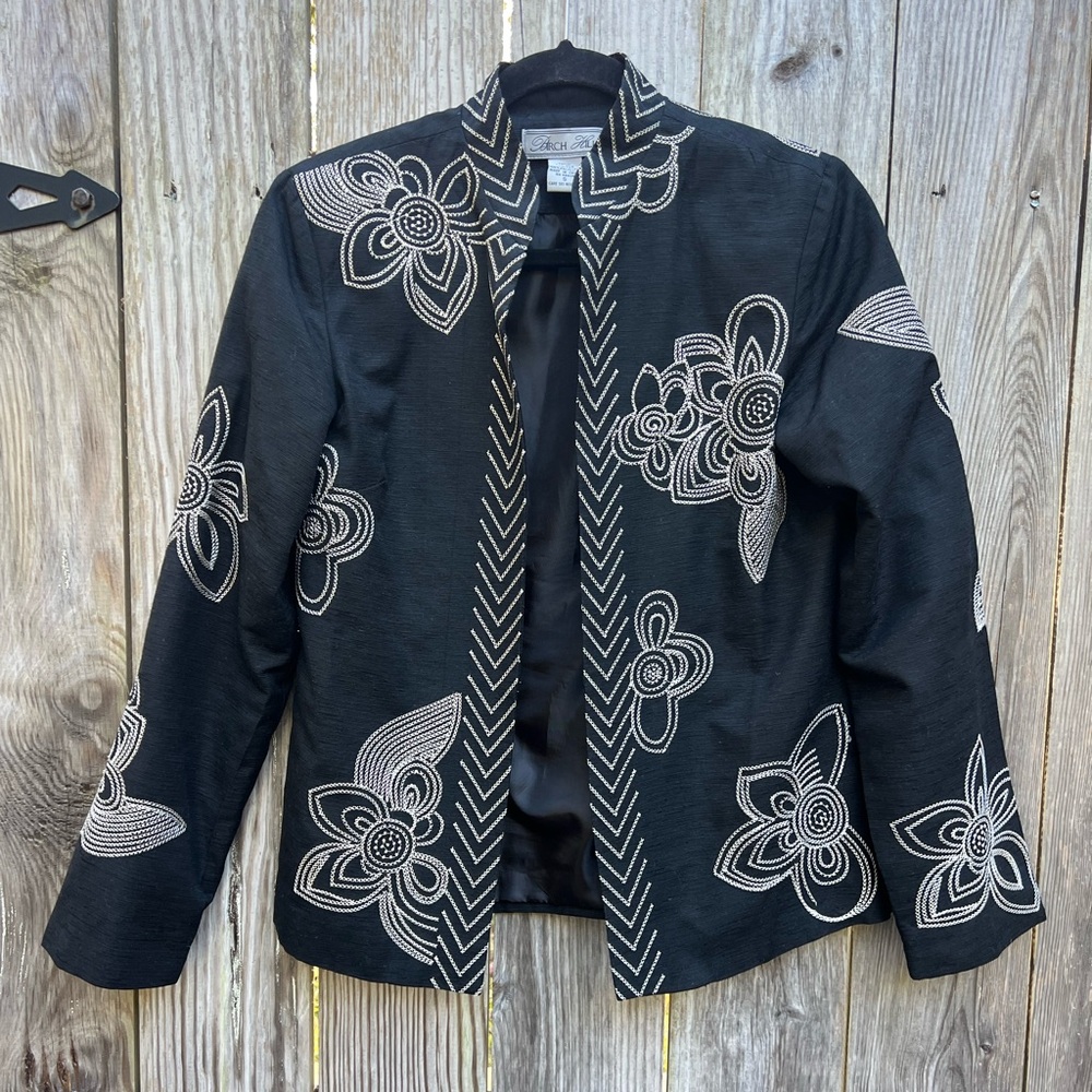 BIRCH HILL Embroidered Floral Black Jacket Silk Blend Blazer Jacket Women Small